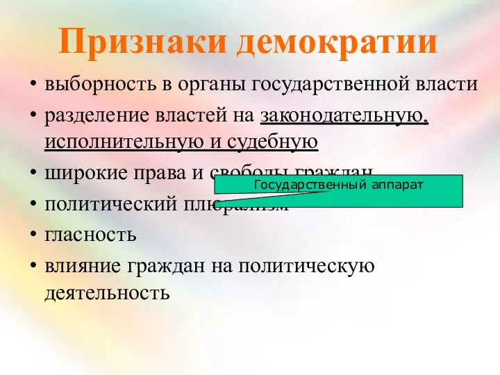 Признаки демократии выборность в органы государственной власти разделение властей на законодательную,