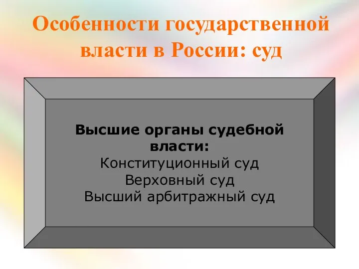 Особенности государственной власти в России: суд Высшие органы судебной власти: Конституционный