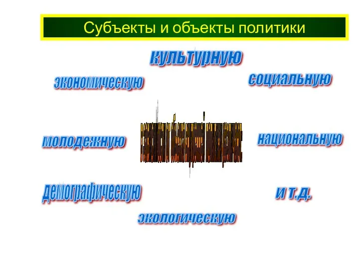 Субъекты и объекты политики в зависимости от объекта внутренней политики различают: