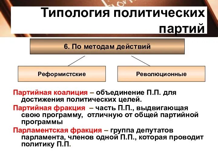 Типология политических партий 6. По методам действий Реформистские Революционные Партийная коалиция