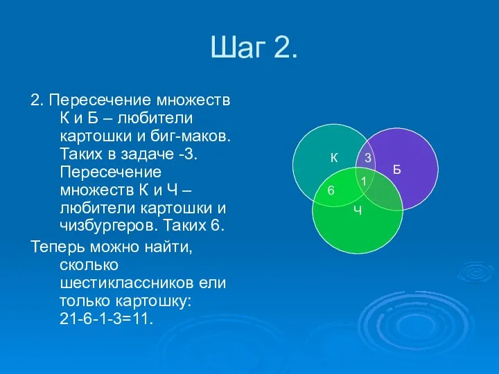 Шаг 2. 2. Пересечение множеств К и Б – любители картошки