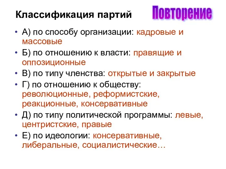 Классификация партий А) по способу организации: кадровые и массовые Б) по