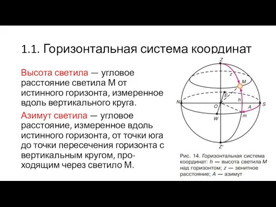 1.1. Горизонтальная система координат Высота светила — угловое расстояние светила М