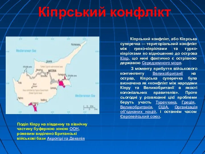 Кіпрський конфлікт Поділ Кіпру на південну та північну частину буферною зоною