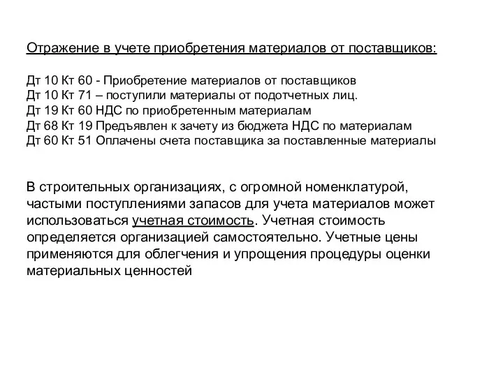 Отражение в учете приобретения материалов от поставщиков: Дт 10 Кт 60