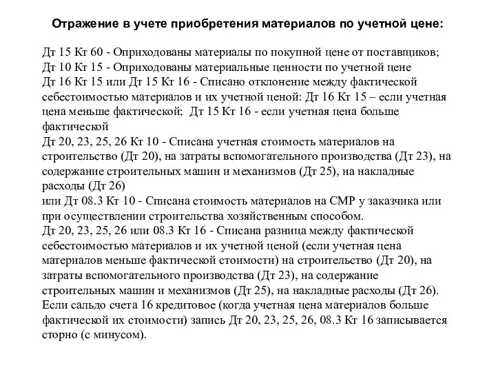 Отражение в учете приобретения материалов по учетной цене: Дт 15 Кт