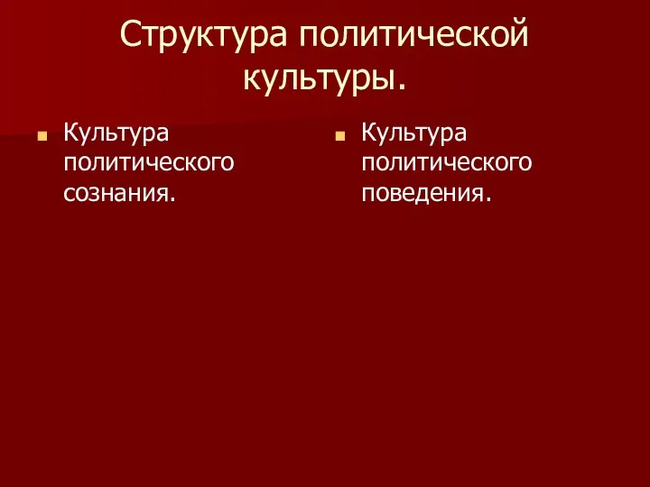 Структура политической культуры. Культура политического сознания. Культура политического поведения.