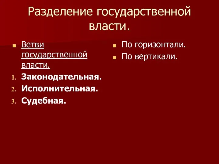 Разделение государственной власти. Ветви государственной власти. Законодательная. Исполнительная. Судебная. По горизонтали. По вертикали.