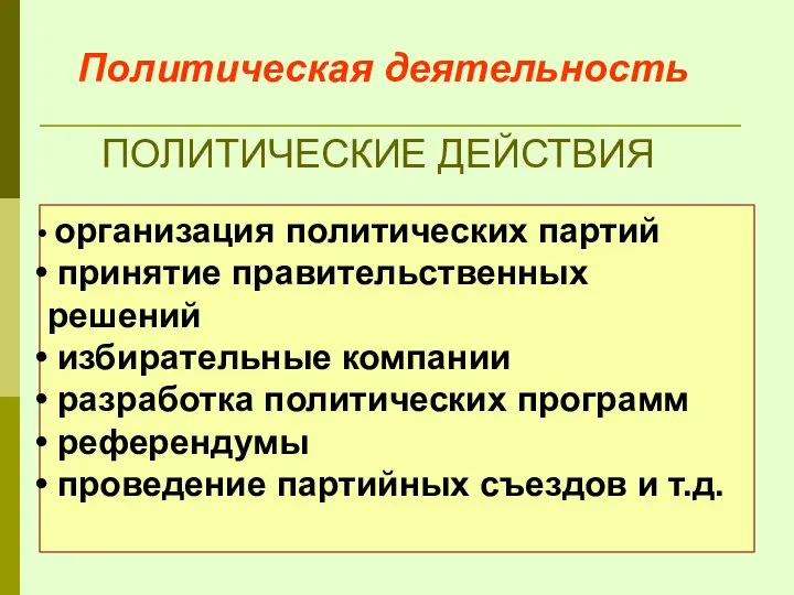 Политическая деятельность организация политических партий принятие правительственных решений избирательные компании разработка