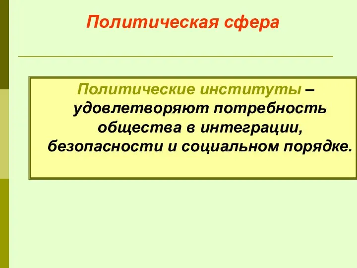 Политическая сфера Политические институты – удовлетворяют потребность общества в интеграции, безопасности и социальном порядке.