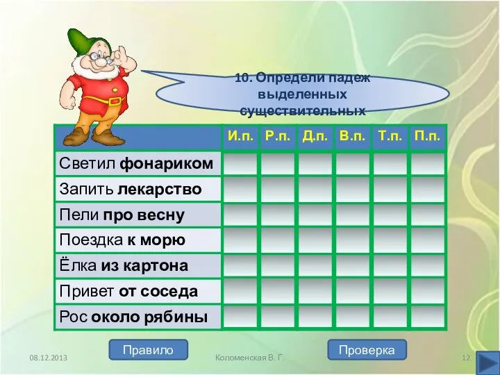 10. Определи падеж выделенных существительных 08.12.2013 Коломенская В. Г. Проверка Правило