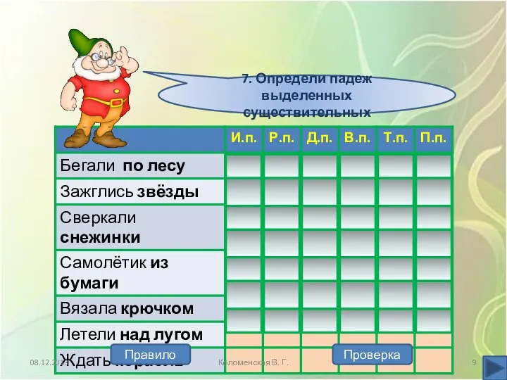 08.12.2013 Коломенская В. Г. Проверка Правило 7. Определи падеж выделенных существительных