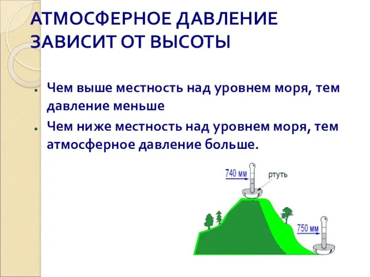 АТМОСФЕРНОЕ ДАВЛЕНИЕ ЗАВИСИТ ОТ ВЫСОТЫ Чем выше местность над уровнем моря,