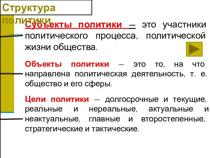 Субъекты политики — это участники политического процесса, политической жизни общества. Структура