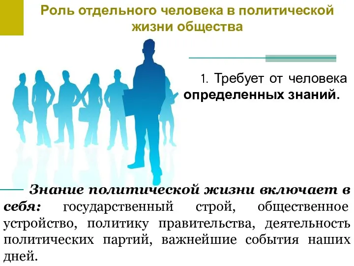 Роль отдельного человека в политической жизни общества 1. Требует от человека