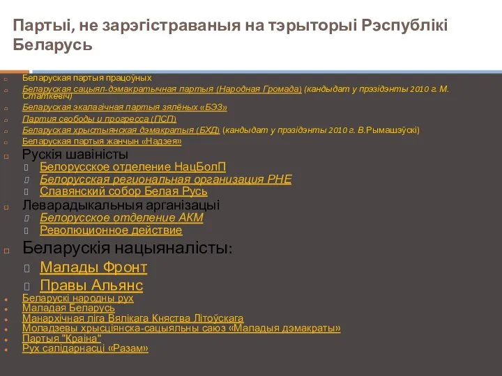 Партыі, не зарэгістраваныя на тэрыторыі Рэспублікі Беларусь Беларуская партыя працоўных Беларуская