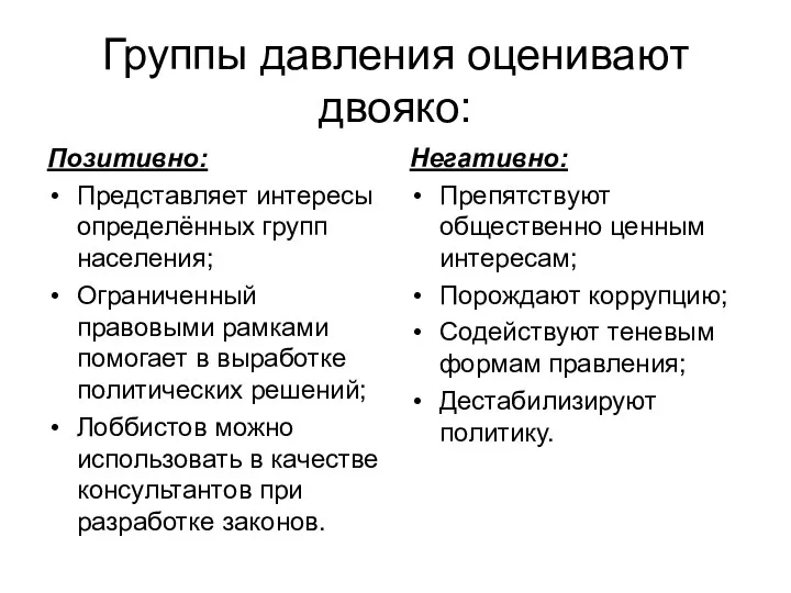 Группы давления оценивают двояко: Позитивно: Представляет интересы определённых групп населения; Ограниченный