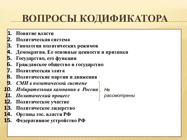 ВОПРОСЫ КОДИФИКАТОРА Понятие власти Политическая система Типология политических режимов Демократия. Ее