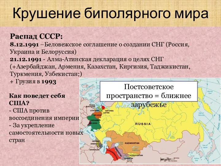 Крушение биполярного мира Распад СССР: 8.12.1991 –Беловежское соглашение о создании СНГ