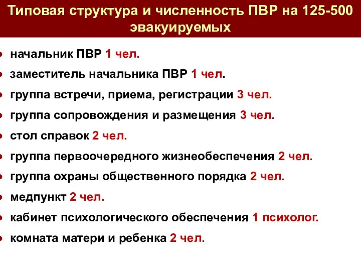 начальник ПВР 1 чел. заместитель начальника ПВР 1 чел. группа встречи,