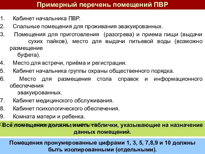 Кабинет начальника ПВР. Спальные помещения для проживания эвакуированных. Помещения для приготовления