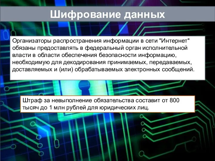 Шифрование данных Организаторы распространения информации в сети "Интернет" обязаны предоставлять в