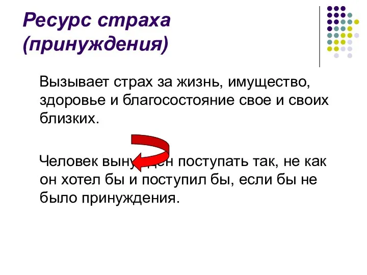 Ресурс страха (принуждения) Вызывает страх за жизнь, имущество, здоровье и благосостояние