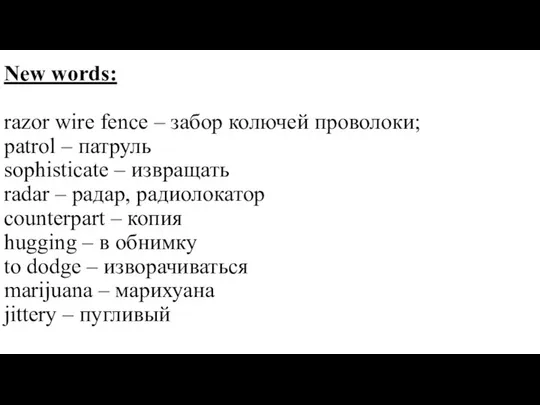 New words: razor wire fence – забор колючей проволоки; patrol –