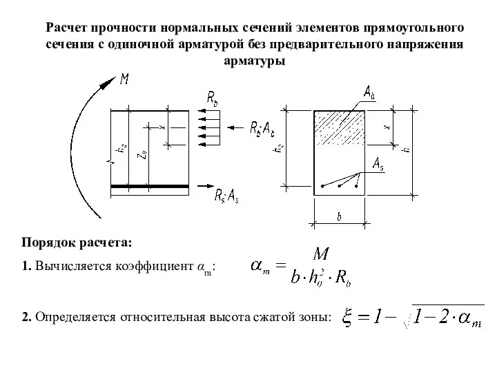 Расчет прочности нормальных сечений элементов прямоугольного сечения с одиночной арматурой без