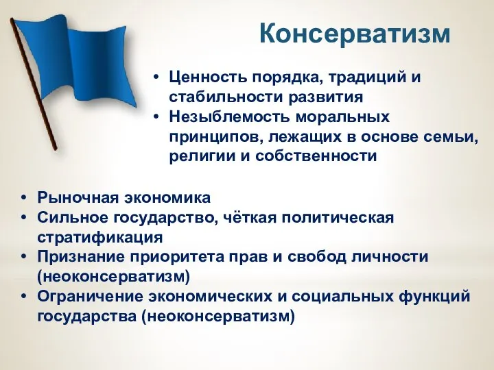 Консерватизм Ценность порядка, традиций и стабильности развития Незыблемость моральных принципов, лежащих