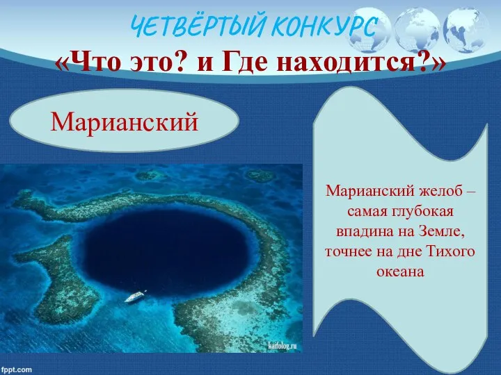 ЧЕТВЁРТЫЙ КОНКУРС «Что это? и Где находится?» Марианский Марианский желоб –