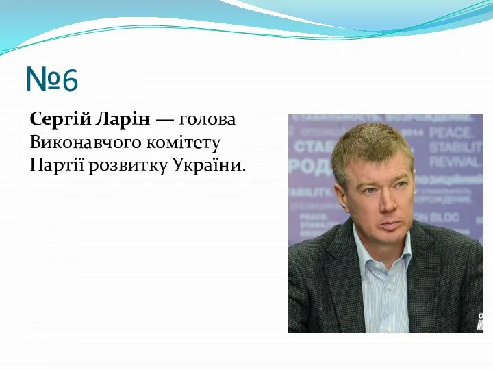 №6 Сергій Ларін — голова Виконавчого комітету Партії розвитку України.