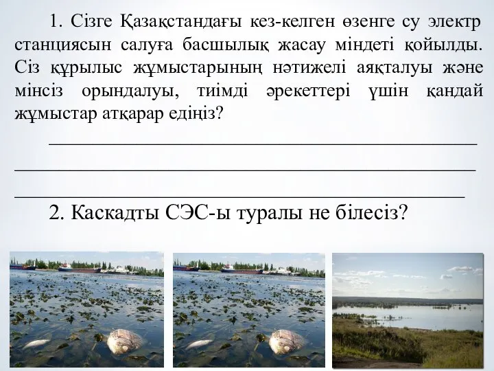 1. Сізге Қазақстандағы кез-келген өзенге су электр станциясын салуға басшылық жасау