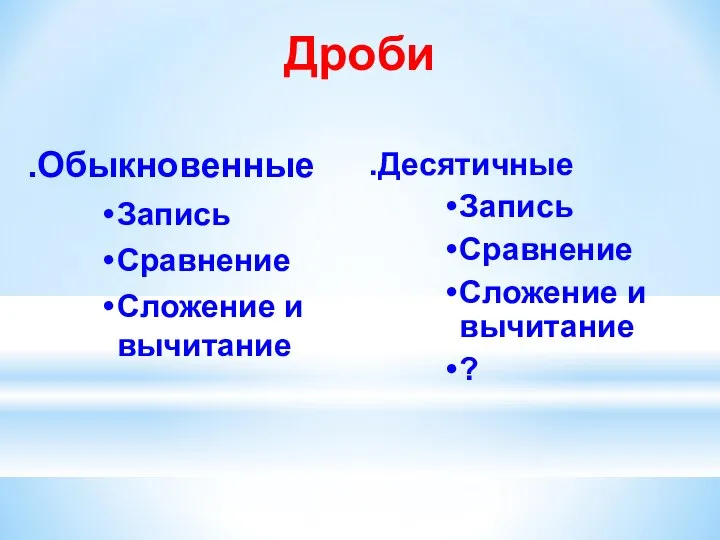 Дроби .Десятичные Запись Сравнение Сложение и вычитание ? .Обыкновенные Запись Сравнение Сложение и вычитание