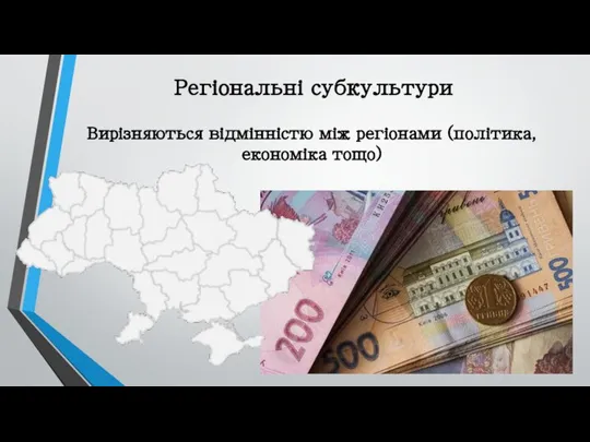 Регіональні субкультури Вирізняються відмінністю між регіонами (політика, економіка тощо)