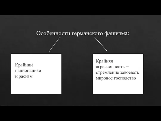 Особенности германского фашизма: Крайний национализм и расизм Крайняя агрессивность – стремление завоевать мировое господство