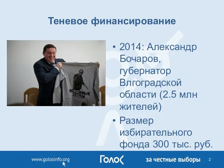 Теневое финансирование 2014: Александр Бочаров, губернатор Влгоградской области (2.5 млн жителей)