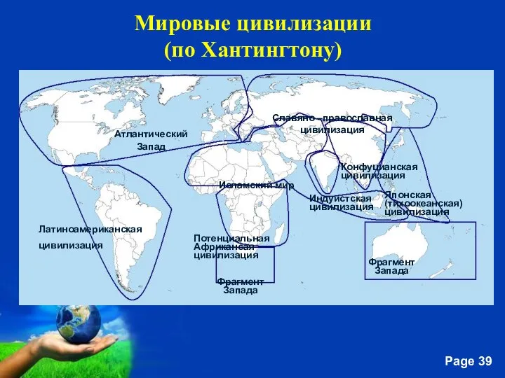 Мировые цивилизации (по Хантингтону) Атлантический Запад Славяно –православная цивилизация Латиноамериканская цивилизация