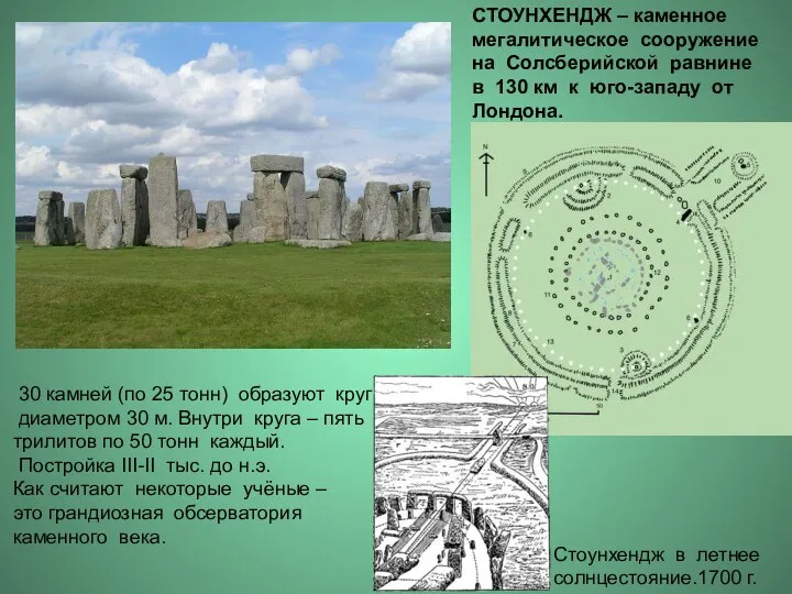 СТОУНХЕНДЖ – каменное мегалитическое сооружение на Солсберийской равнине в 130 км