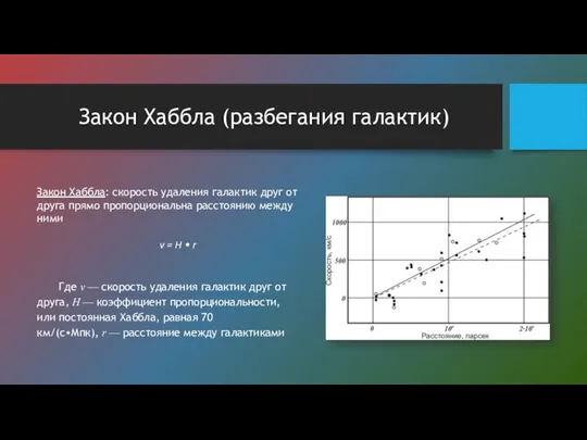 Закон Хаббла (разбегания галактик) Закон Хаббла: скорость удаления галактик друг от