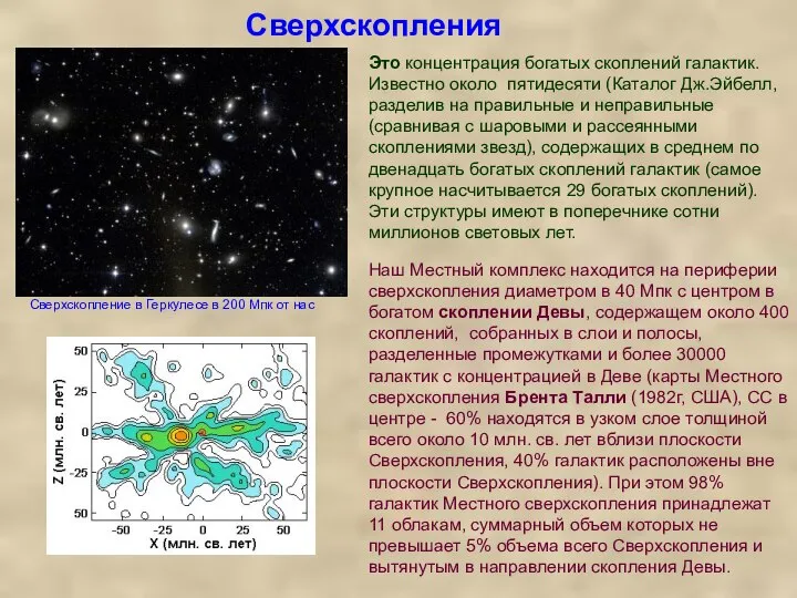 Сверхскопления Это концентрация богатых скоплений галактик. Известно около пятидесяти (Каталог Дж.Эйбелл,