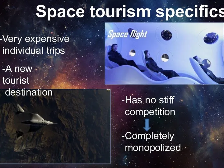 Space tourism specifics Very expensive individual trips -A new tourist destination