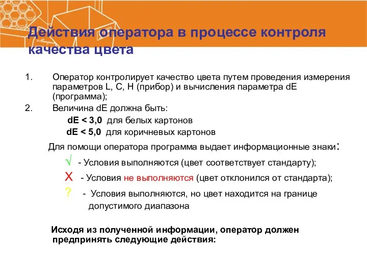 Действия оператора в процессе контроля качества цвета Оператор контролирует качество цвета