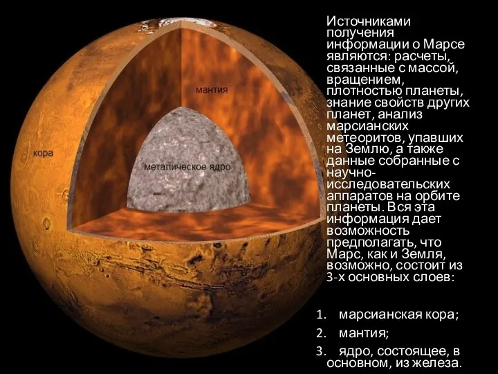 Источниками получения информации о Марсе являются: расчеты, связанные с массой, вращением,