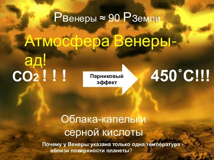 Атмосфера Венеры- ад! Рвенеры ≈ 90 РЗемли 450˚С!!! СО2 ! !