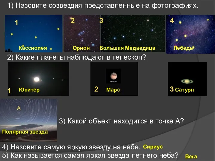 2 3 1 3 1) Назовите созвездия представленные на фотографиях. 2)