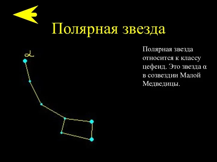 Полярная звезда Полярная звезда относится к классу цефеид. Это звезда α в созвездии Малой Медведицы.