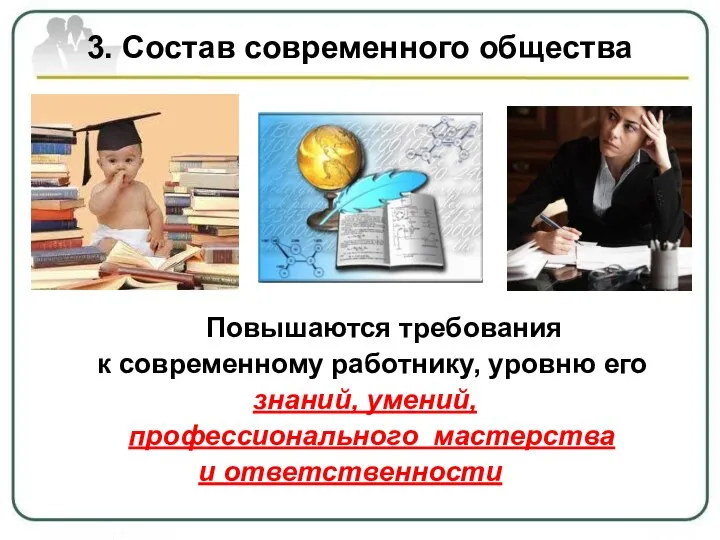 3. Состав современного общества Повышаются требования к современному работнику, уровню его