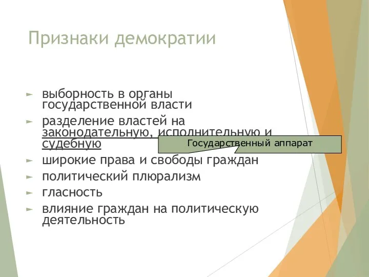 Признаки демократии выборность в органы государственной власти разделение властей на законодательную,