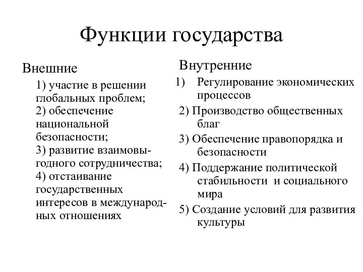 Функции государства Внешние 1) участие в решении глобальных проблем; 2) обеспечение